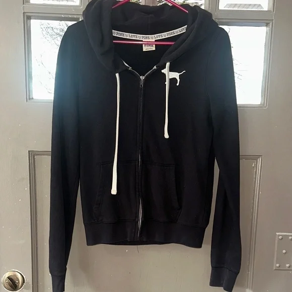 PINK Victoria's Secret Black Hoodie with White Accents - Picture 1 of 5